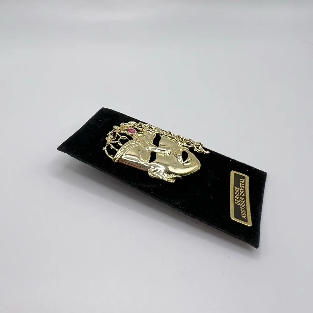 Vintage Thai Mask Brooch Gold Tone Pink Crystal Pin